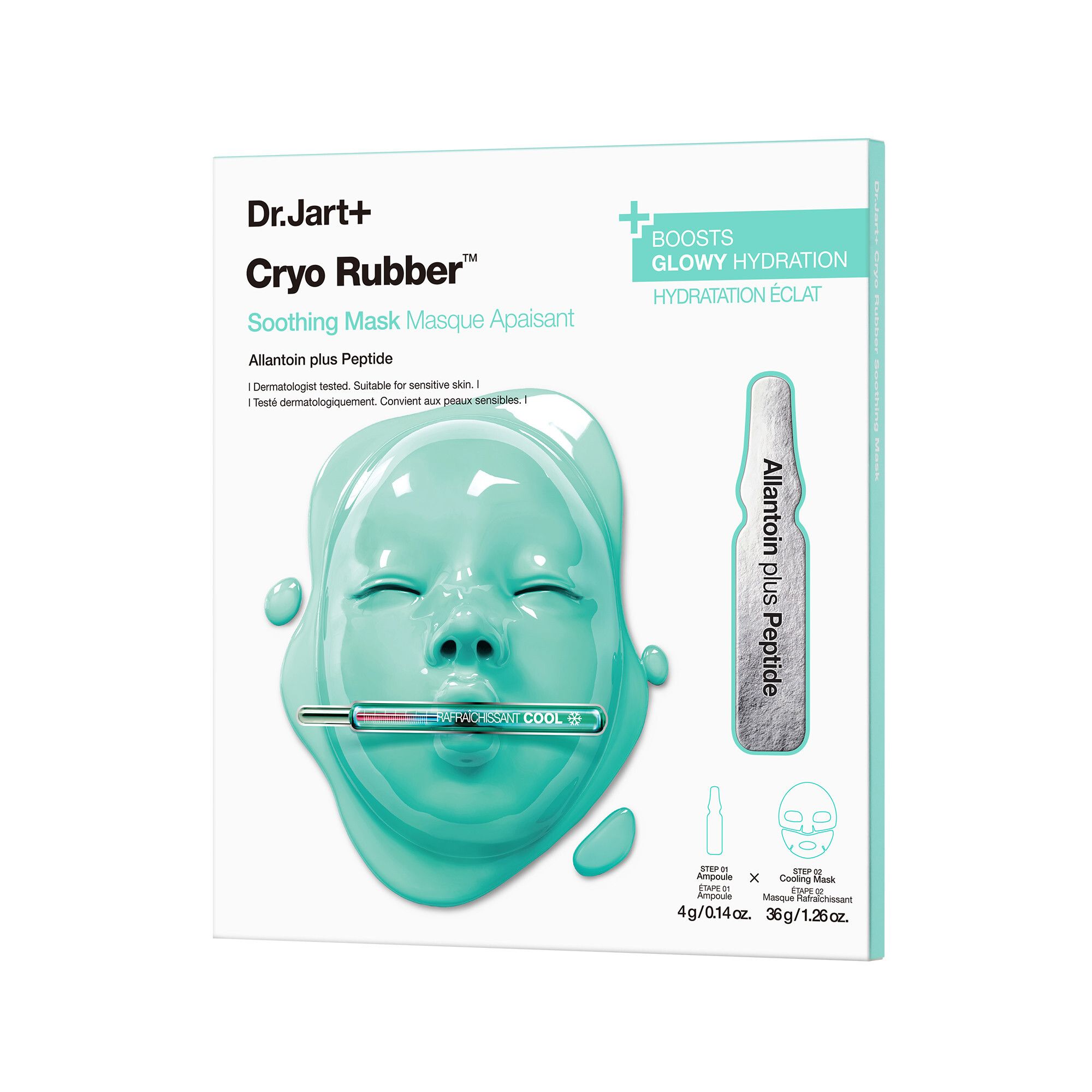 Emballage avec masque et ampoule. Masque en forme de visage, vert clair. Ampoule avec texte. Marque : Dr.Jart+ Cryo Rubber™.