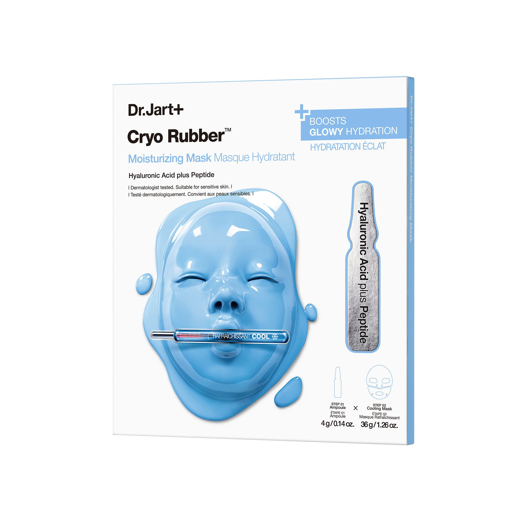 Verpakking Dr.Jart+ Cryo Rubber™ Moisturizing Mask. Blauwe masker en ampul. Tekst: « Hyaluronic Acid plus Peptide ».