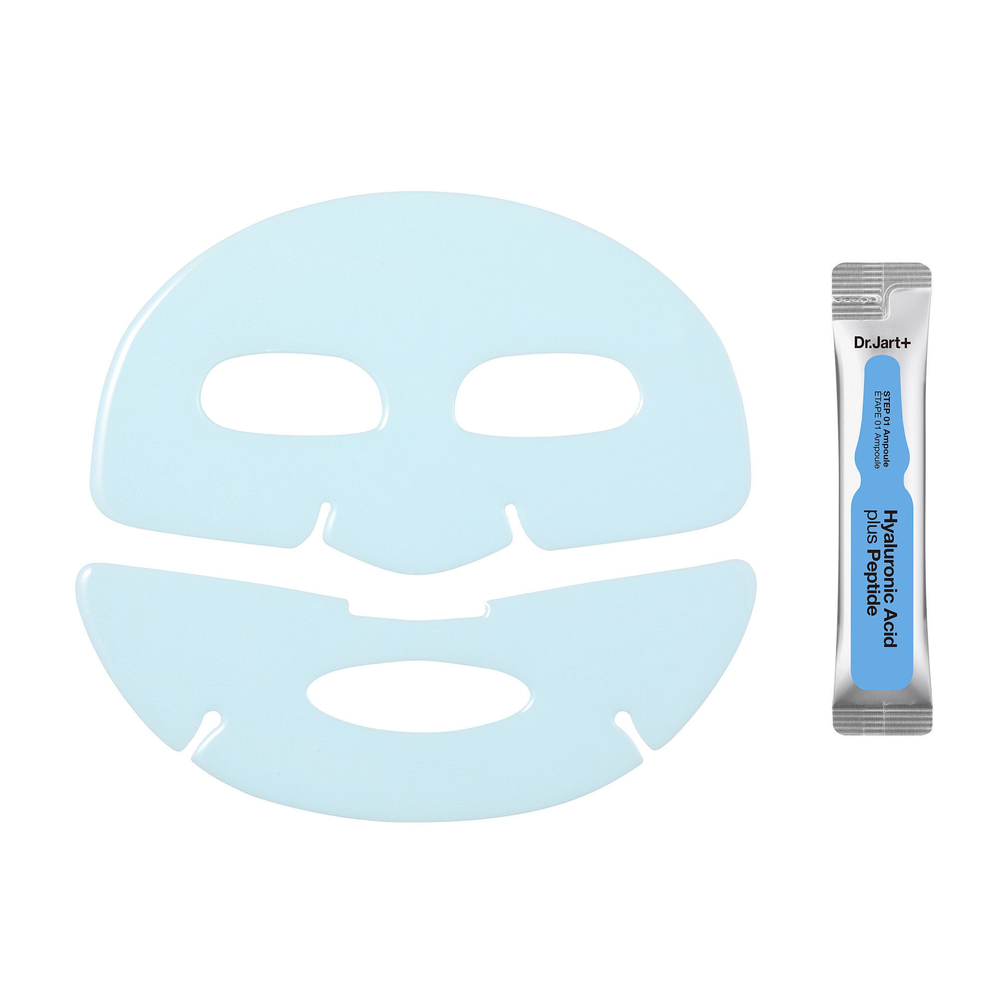 Lichtblauw gezichtsmasker en ampul. Masker met openingen voor ogen en mond. Ampul met tekst: « Hyaluronic Acid plus Peptide ».