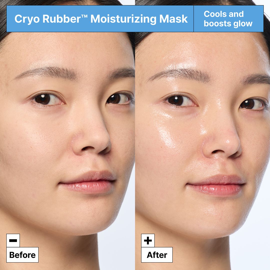 Voor-en-na vergelijking. Gezicht voor en na gebruik. Tekst: « Cryo Rubber™ Moisturizing Mask ».
