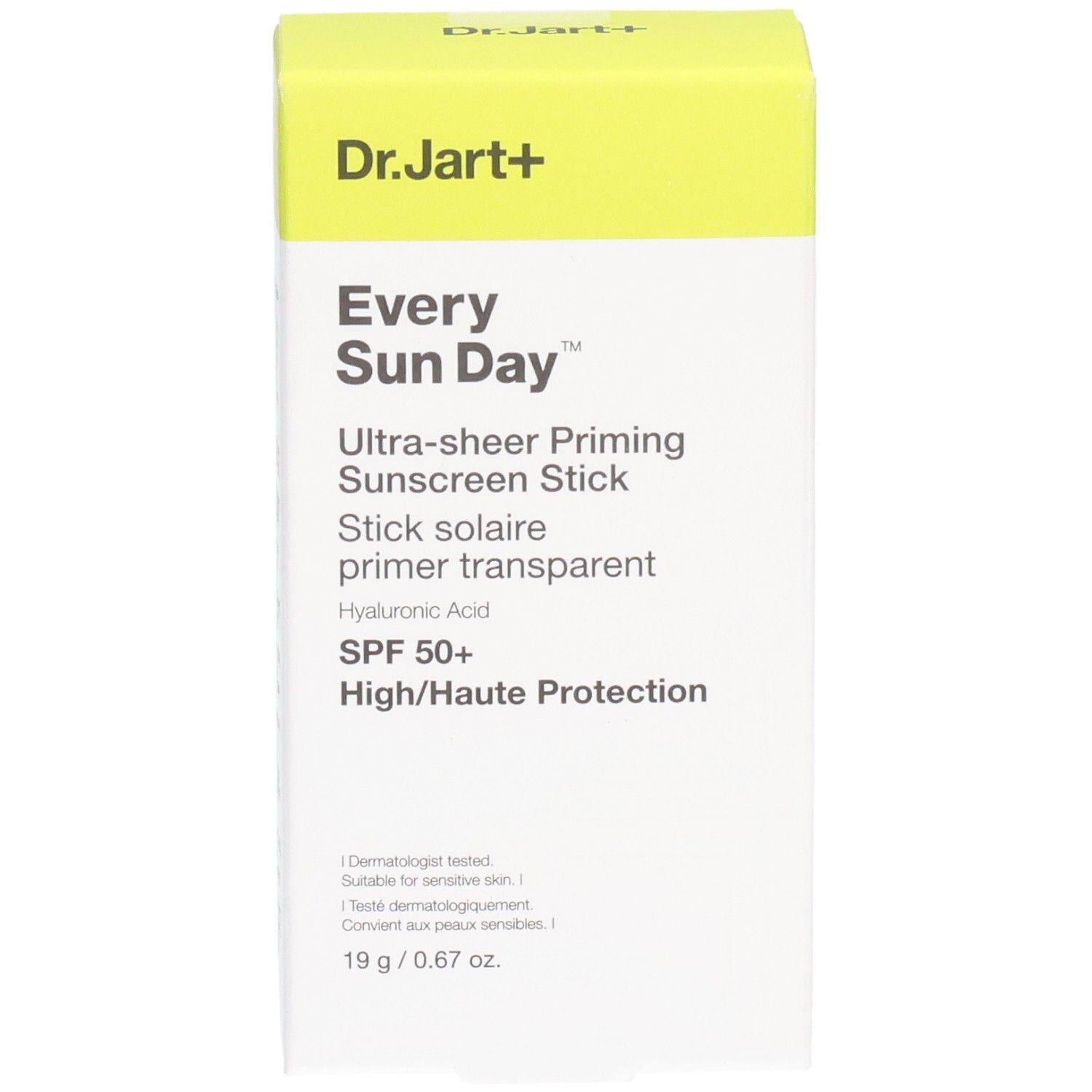 Emballage du stick solaire. Inscriptions: Dr. Jart+, Every Sun Day, SPF 50+, 19 g.