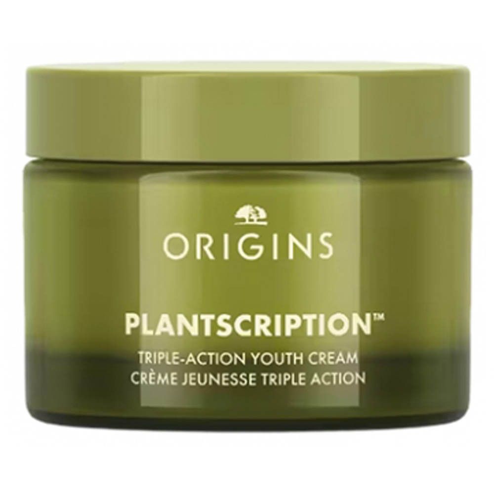 Pot de crème vert avec couvercle. Inscription : ORIGINS, PLANTSCRIPTION™ Triple-Action Youth Cream.