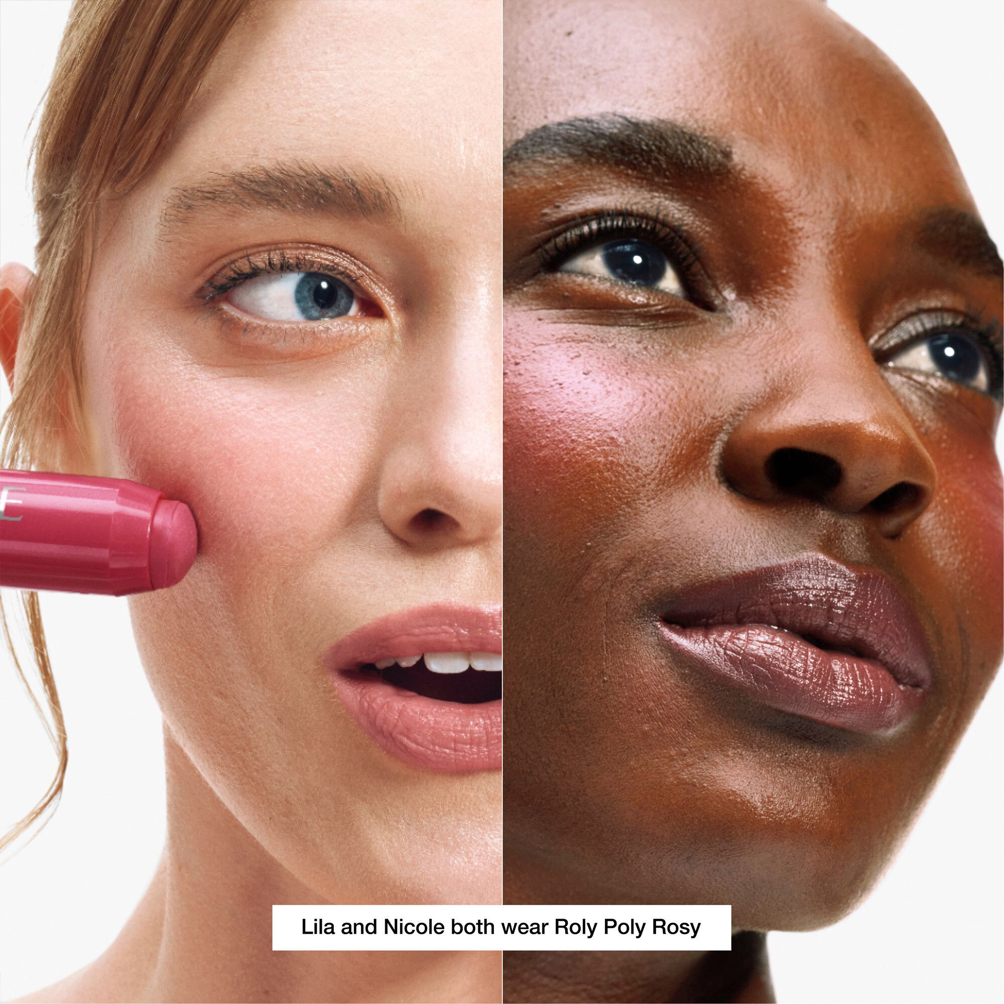 Deux visages avec du blush. Une femme porte Roly Poly Rosy.