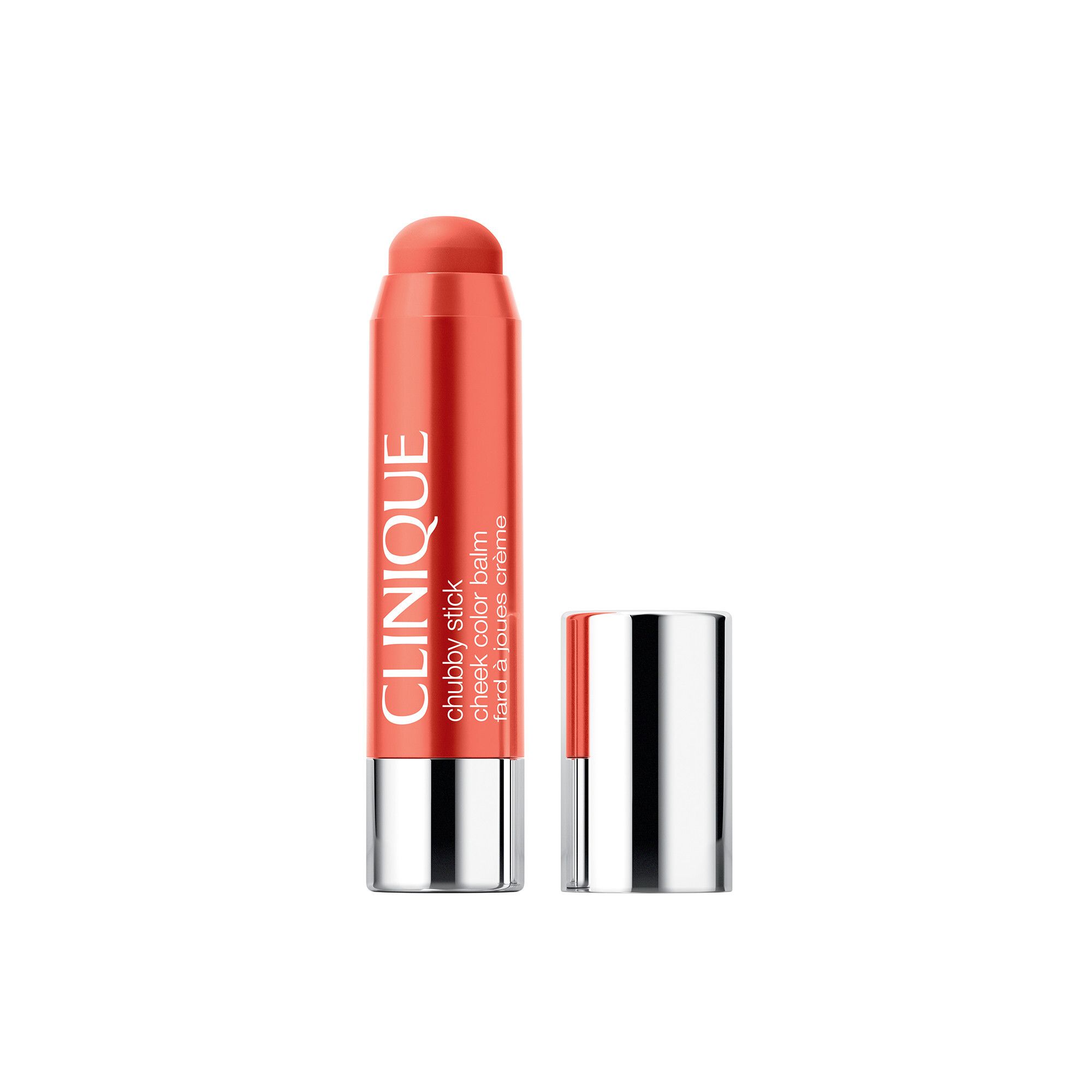 Clinique Chubby Stick™ Baume couleur joues. Oranje stick met zilveren dop. Productnaam en merk zichtbaar.