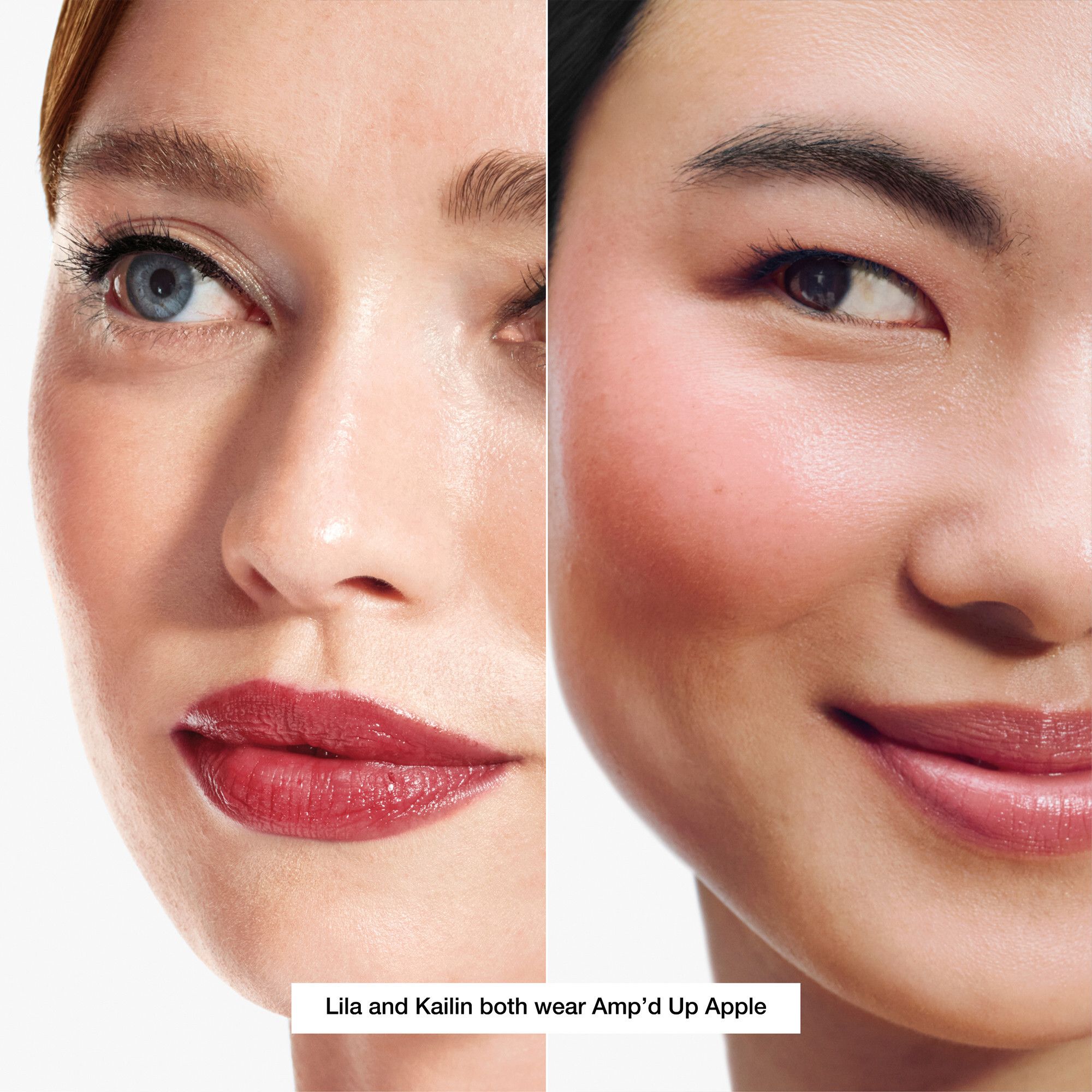 Twee gezichten, Lila en Kailin, dragen Amp'd Up Apple. Lippenstift aangebracht.