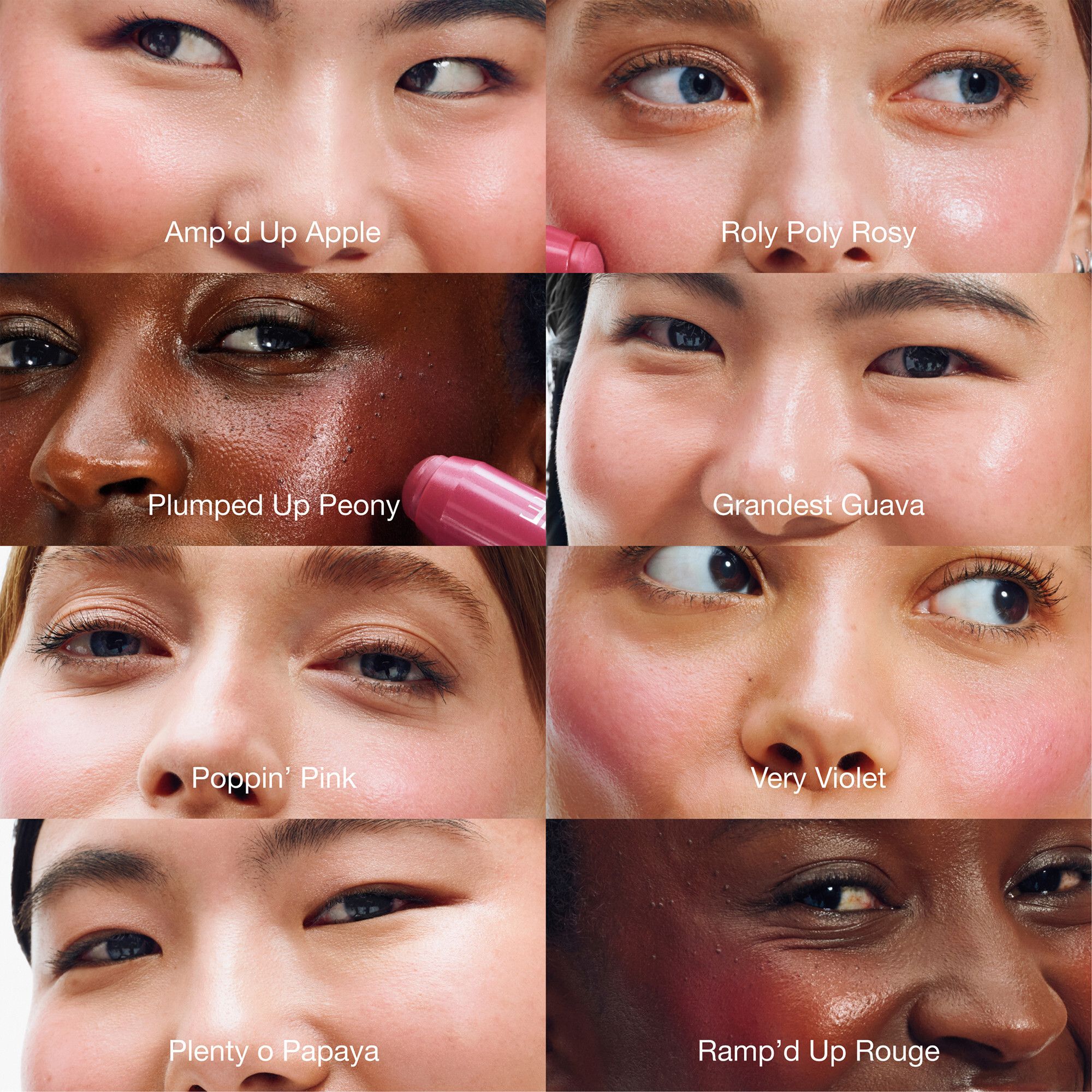 Close-up van ogen met blush. Verschillende kleuren, waaronder Plumped Up Peony.