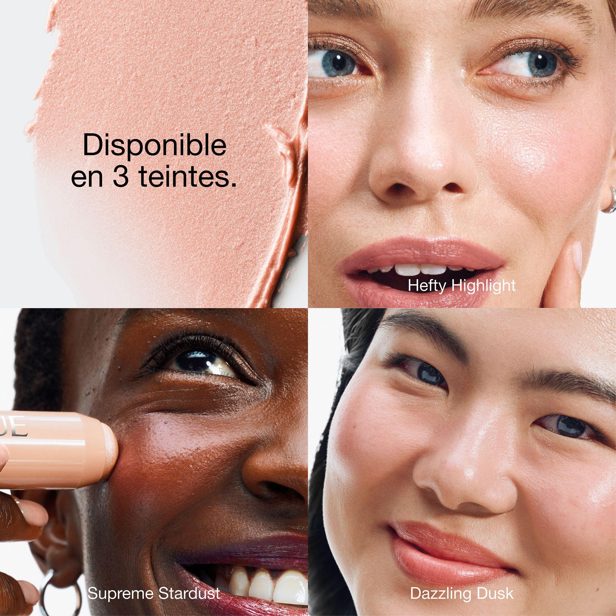Visages avec highlighter. Disponible en 3 teintes. Supreme Stardust, Hefty Highlight, Dazzling Dusk.