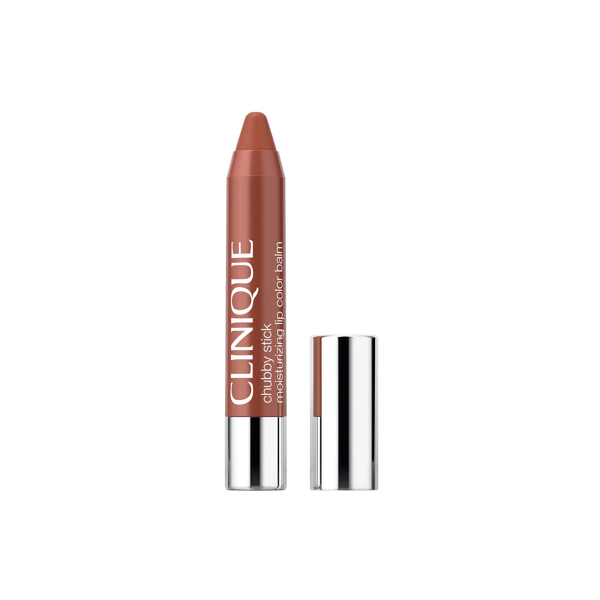 Clinique Chubby Stick, open. Bruine lippenstift. Zilveren dop ernaast.