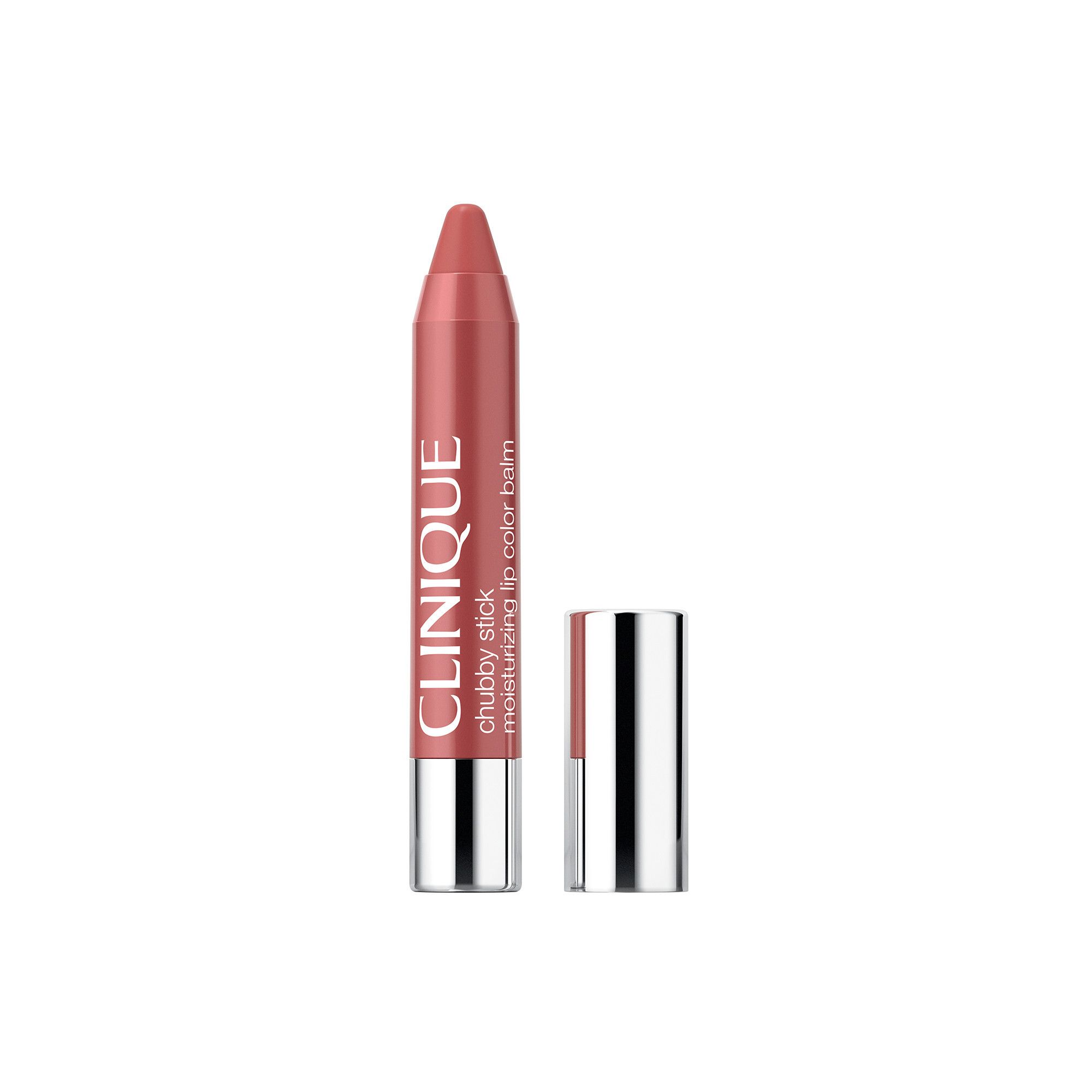 Clinique Chubby Stick, roze lippenbalsem. Zilveren dop, open huls. Productnaam en merk zichtbaar.