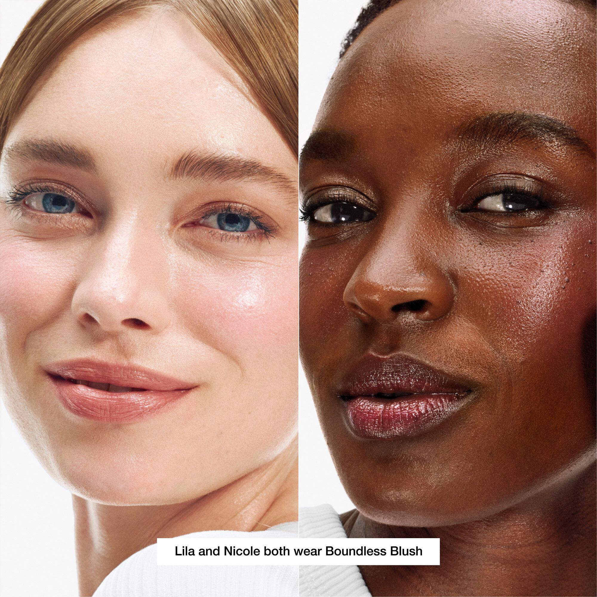 Twee vrouwen met Boundless Blush. Lipkleur aangebracht. Lichte en donkere huidtinten.