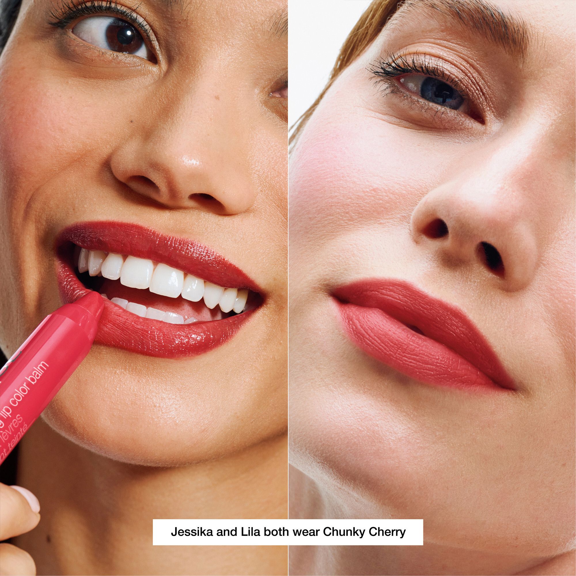 Twee vrouwen met Chunky Cherry lipkleur. Lippenstift wordt aangebracht.