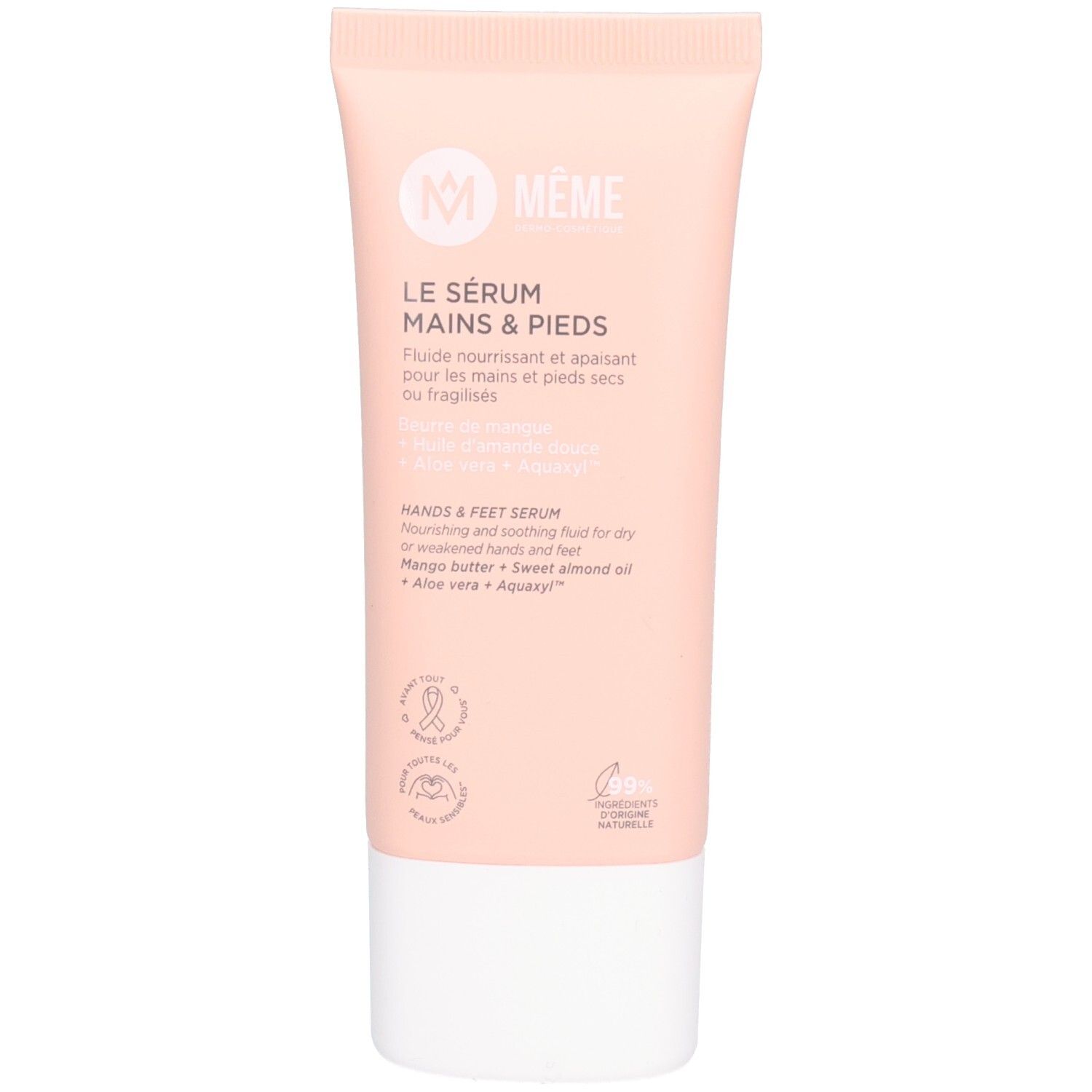 Roze tube met witte dop. Opschrift: MEME, Le Sérum Mains & Pieds. Bevat shea butter en aloë vera.