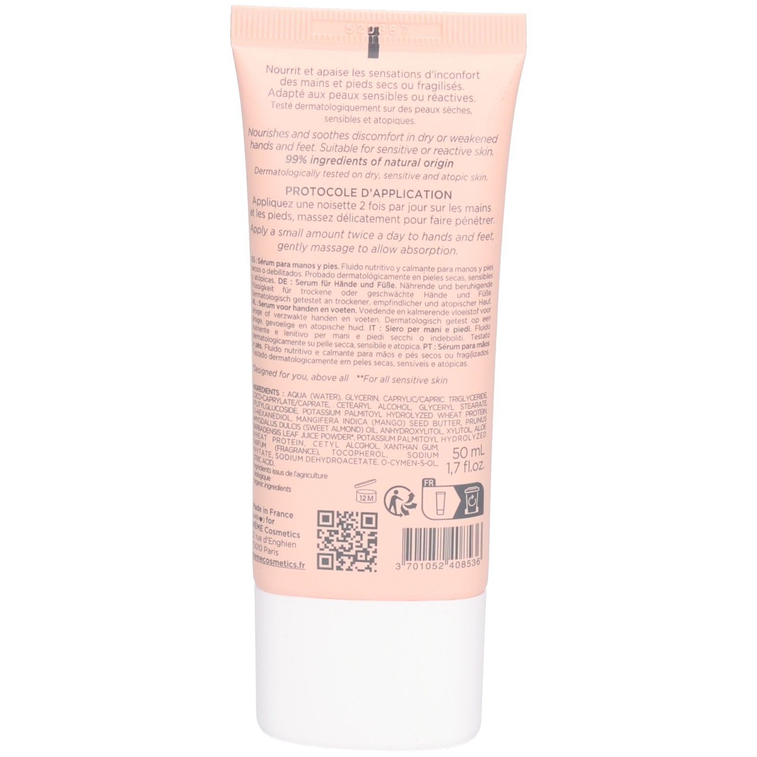 Achterkant van de tube. Tekst: Voedt en verzacht. 99% ingrediënten van natuurlijke oorsprong. Gebruiksaanwijzing en ingrediënten.