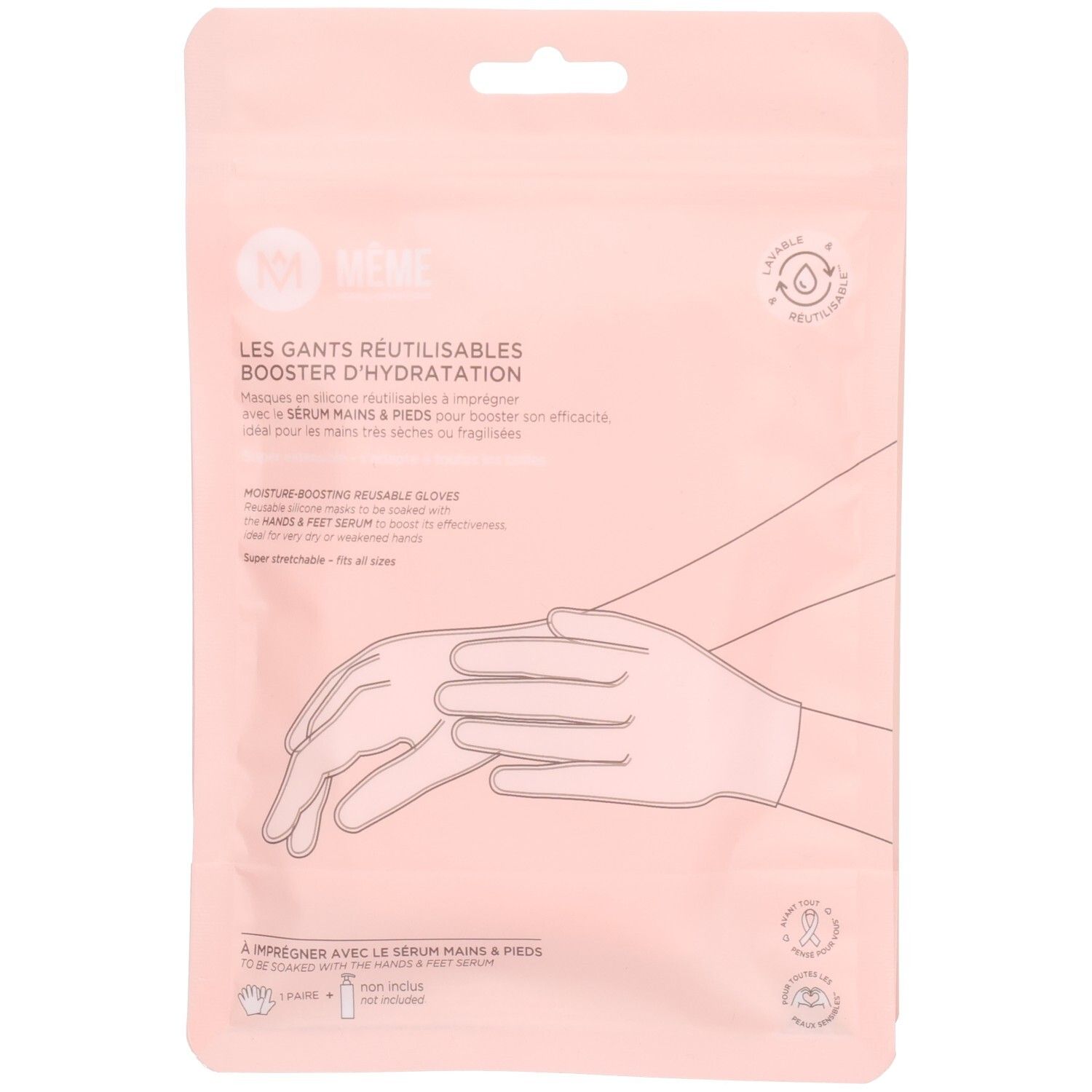 Roze verpakking met handomtrek. Tekst: „LES GANTS RÉUTILISABLES BOOSTER D'HYDRATATION“. Logo en tekst: „MÉMÉ“. Herbruikbare handschoenen.