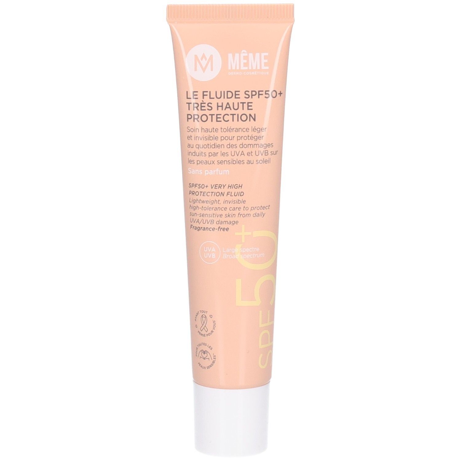 Tube crème "Meme". Texte: Le Fluide SPF50+ Tres Haute Protection. Tube beige, bouchon blanc.