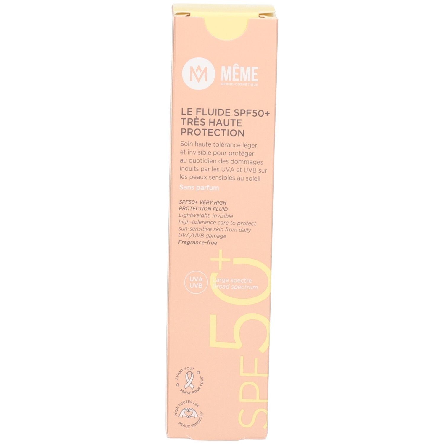 Emballage du produit. Carton beige avec nom et texte du produit. Logo "Meme" et SPF50+.