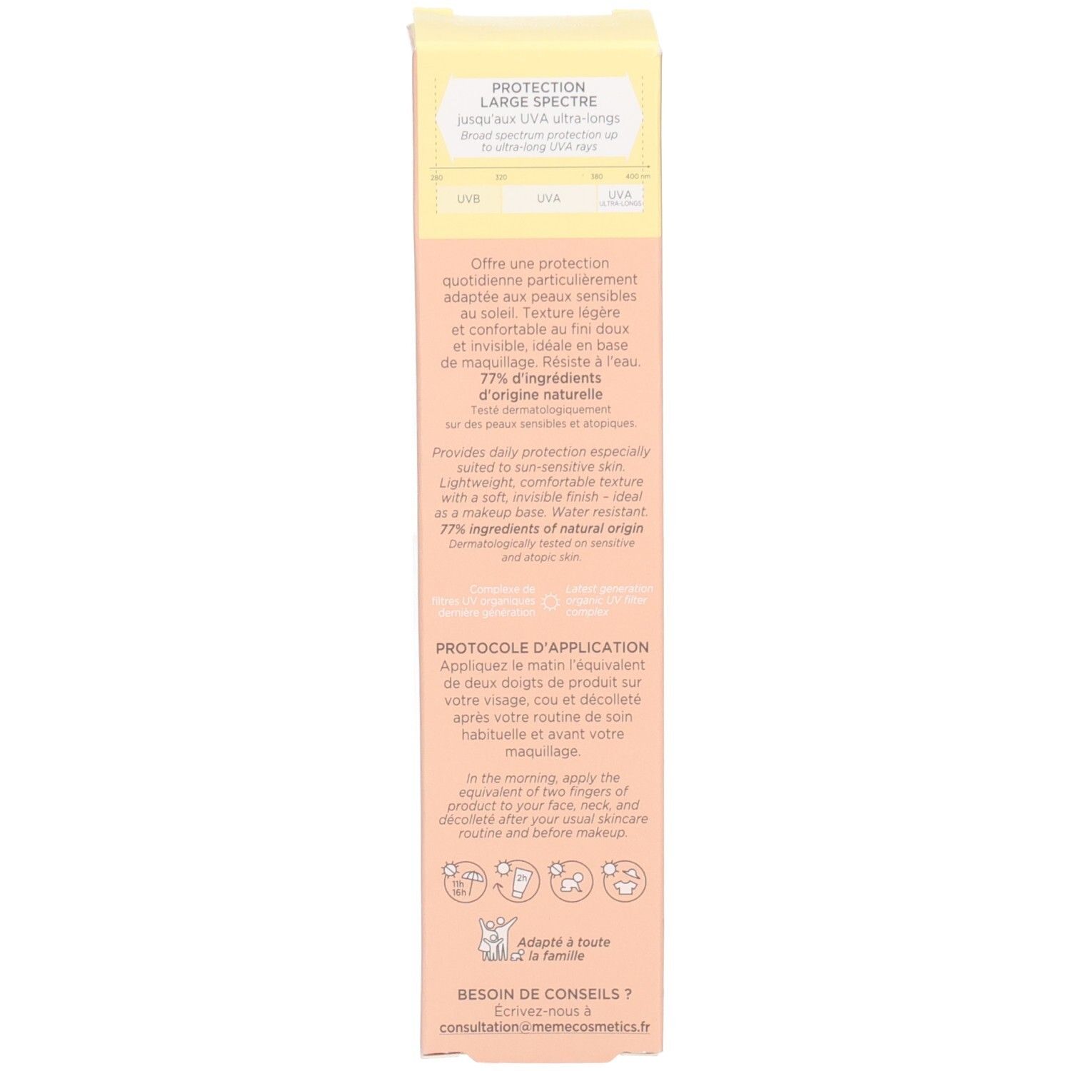 Côté de l'emballage du produit. Textes: instructions, ingrédients. Carton beige.