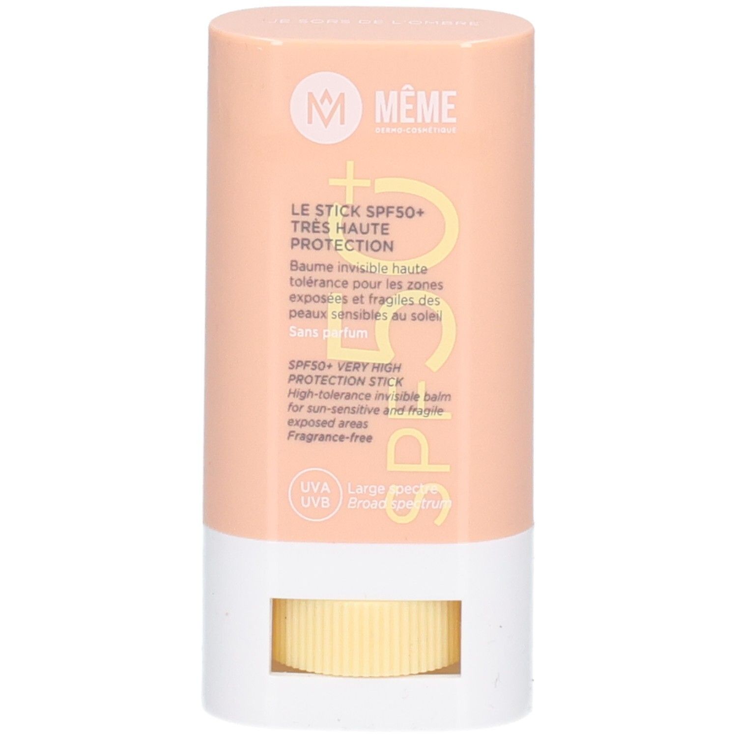 Cilindrische stick. Roze en witte behuizing. Opschrift: MEME, Le Stick SPF50+, Très Haute Protection. Gele, geribbelde applicator.