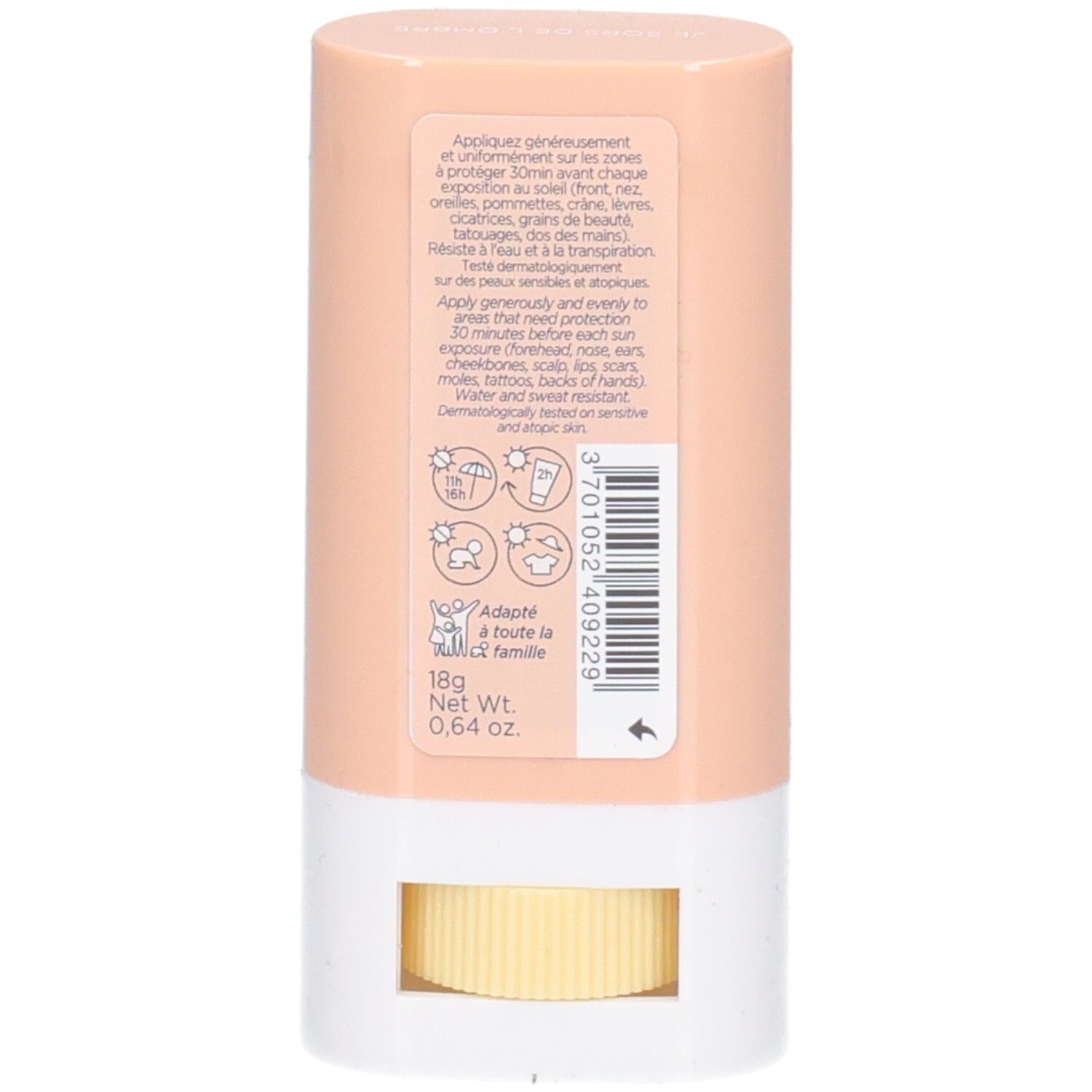Achterkant van de stick. Roze en witte behuizing. Tekst en symbolen. Barcode. Opschrift: 18g Net Wt. 0.64 oz.
