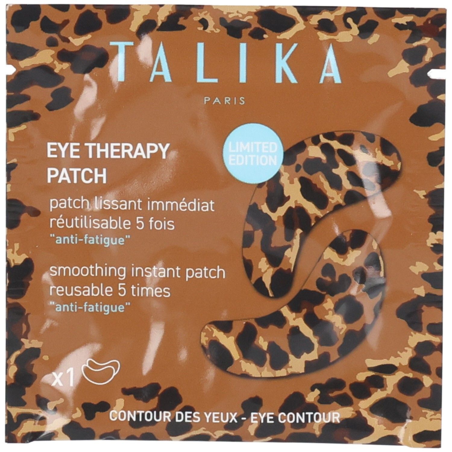 Verpakking met oogpatches. Opschrift: TALIKA PARIS, EYE THERAPY PATCH. Luipaardprint. Limited Edition. Herbruikbaar.