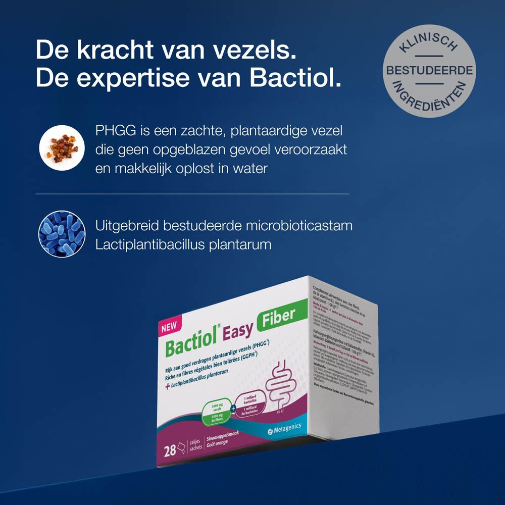 Verpakking Bactiol Easy Fiber met tekst. Bevat informatie over de voordelen van vezels.
