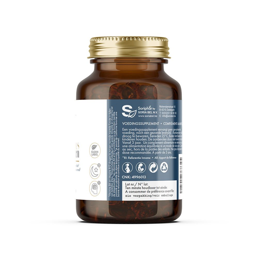 Dos du flacon en verre brun. Étiquette bleue avec informations fabricant et symboles de recyclage. Couvercle doré.