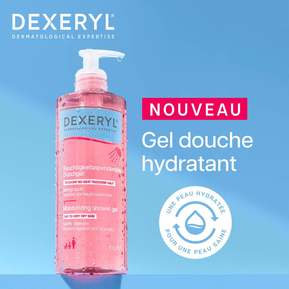 Arrière du gel douche Dexeryl avec ingrédients et code-barres.