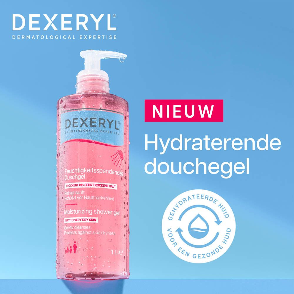 Achterkant Dexeryl douchegel met ingrediënten en barcode.