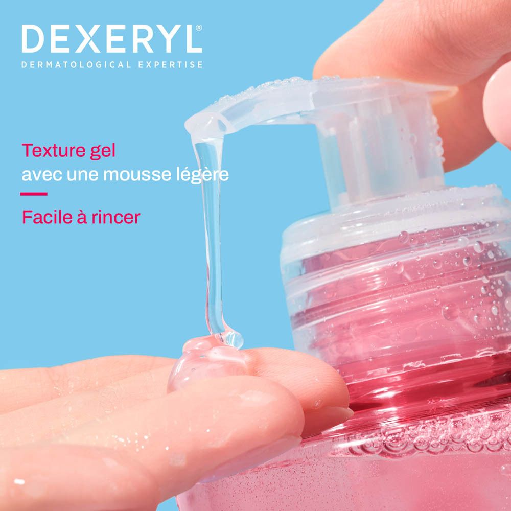 Arrière du gel douche Dexeryl avec informations multilingues.