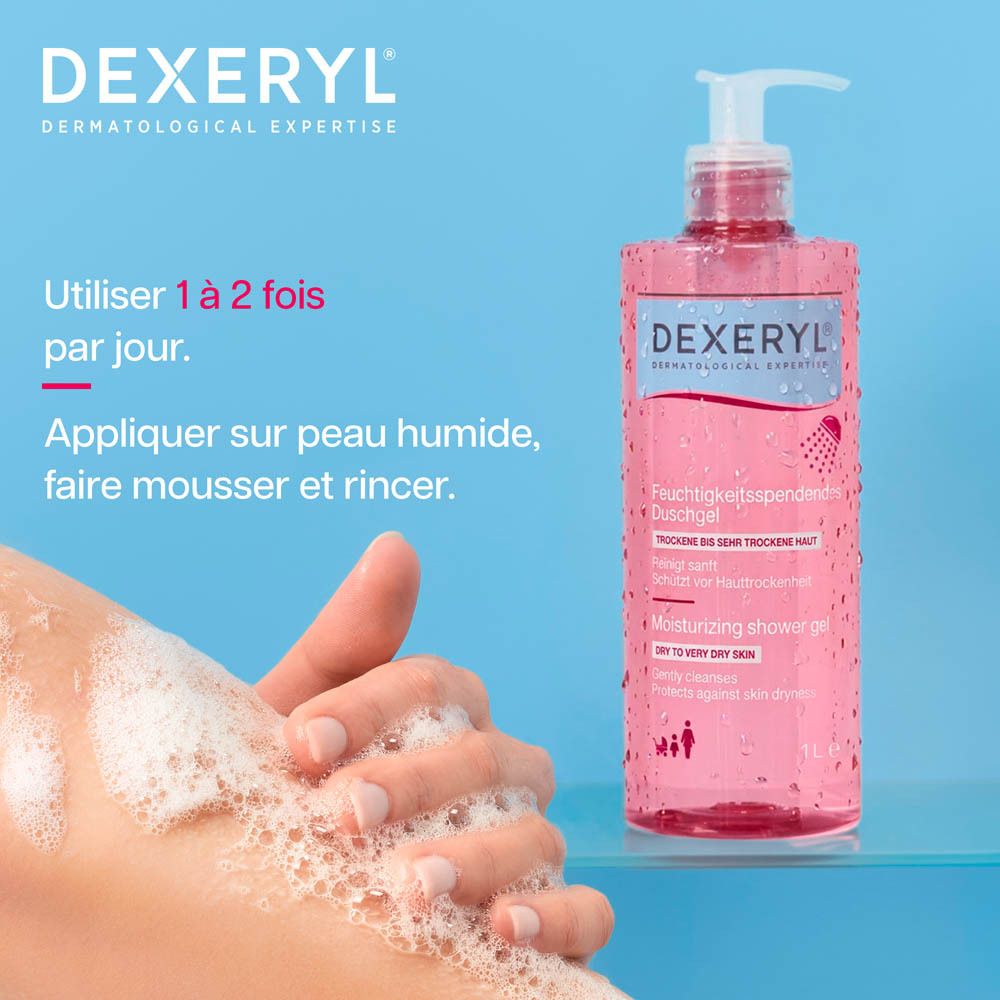 Gel douche Dexeryl: nettoie et hydrate la peau sèche.