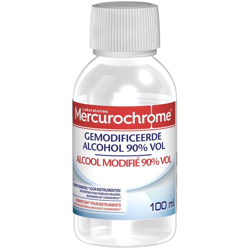 Flacon Mercurochrome Alcool 90° Modifié. Bouchon blanc, étiquette avec texte. Liquide clair visible.