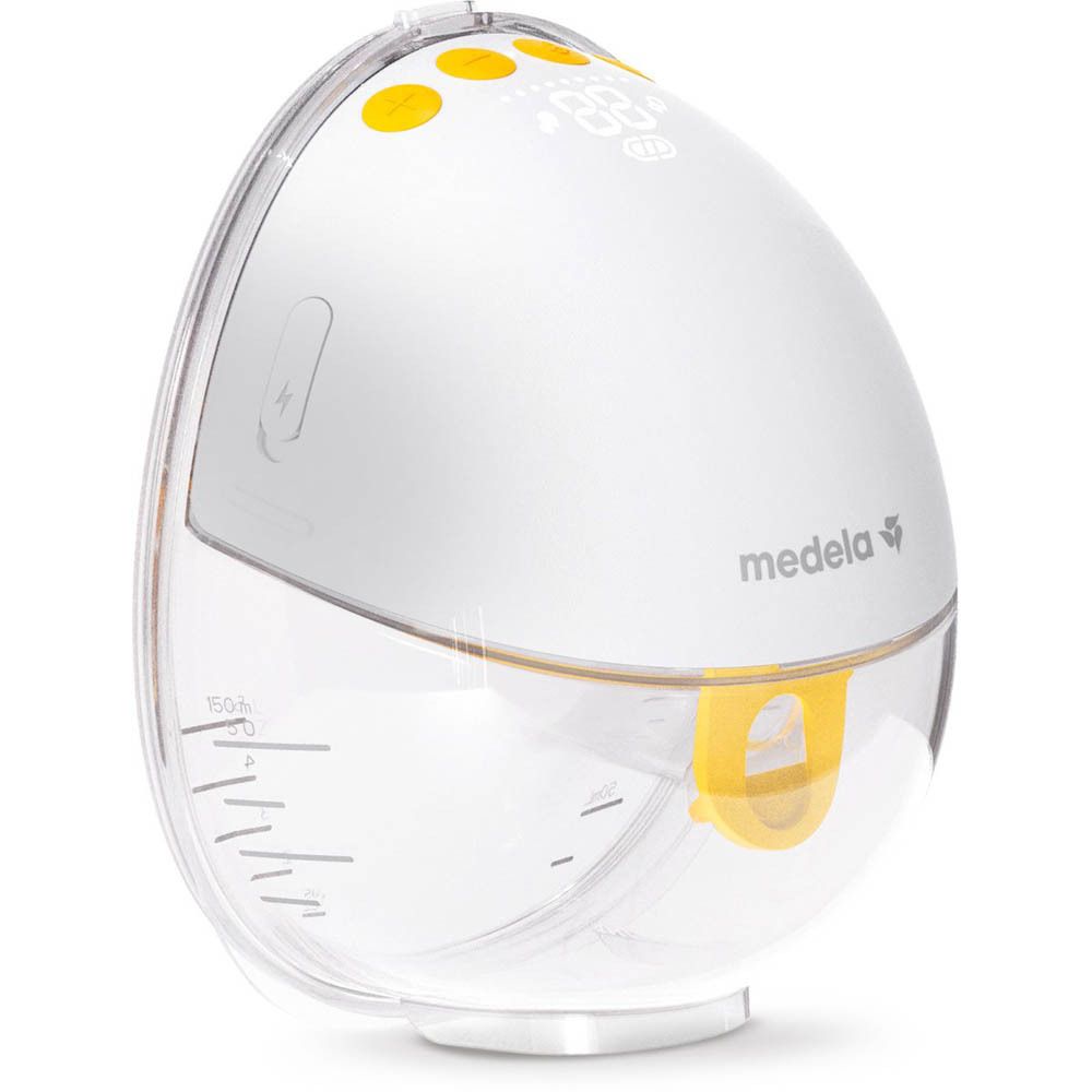 Medela borstkolfopzetstuk met digitaal display en laadindicator, transparant met gele accenten.