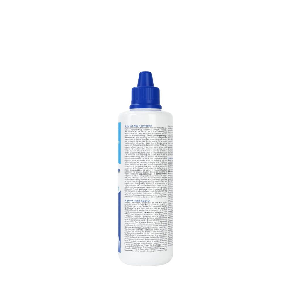 Achterkant van de fles met tekst. Witte fles met blauwe dop. Meertalige tekst.