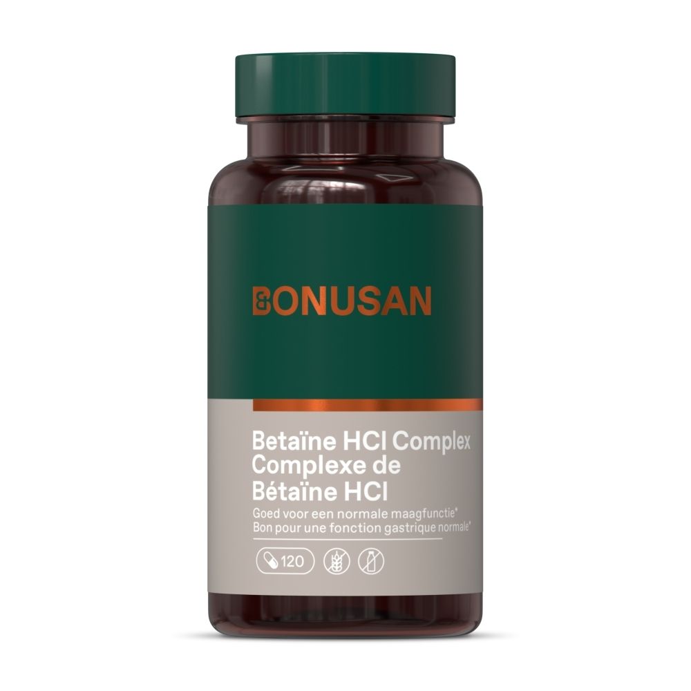 Zwarte fles met groene dop. Opschrift: Bonusan, Betaine HCl Complex. 120 capsules.