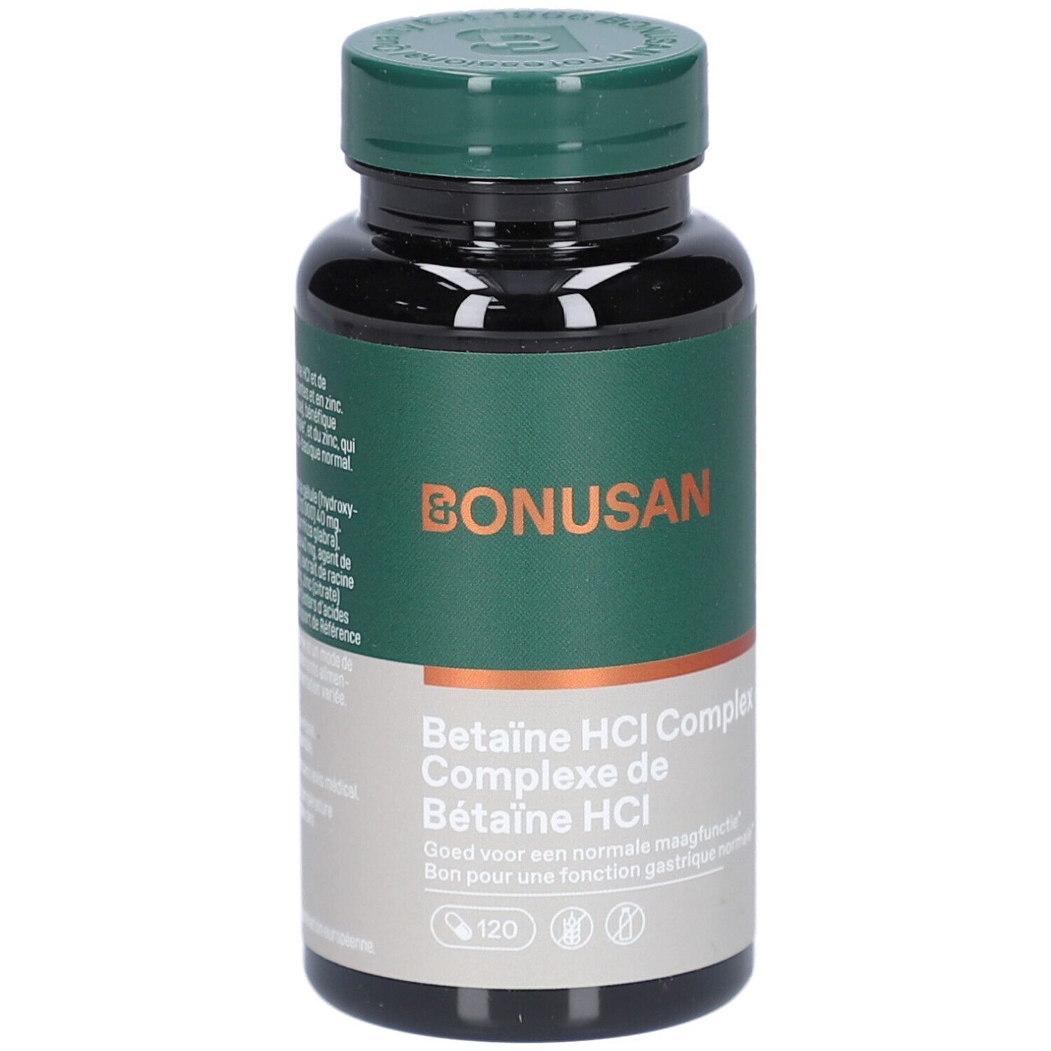 Bruine fles met groene dop. Etiket met productnaam en merk Bonusan. Bevat 120 capsules.