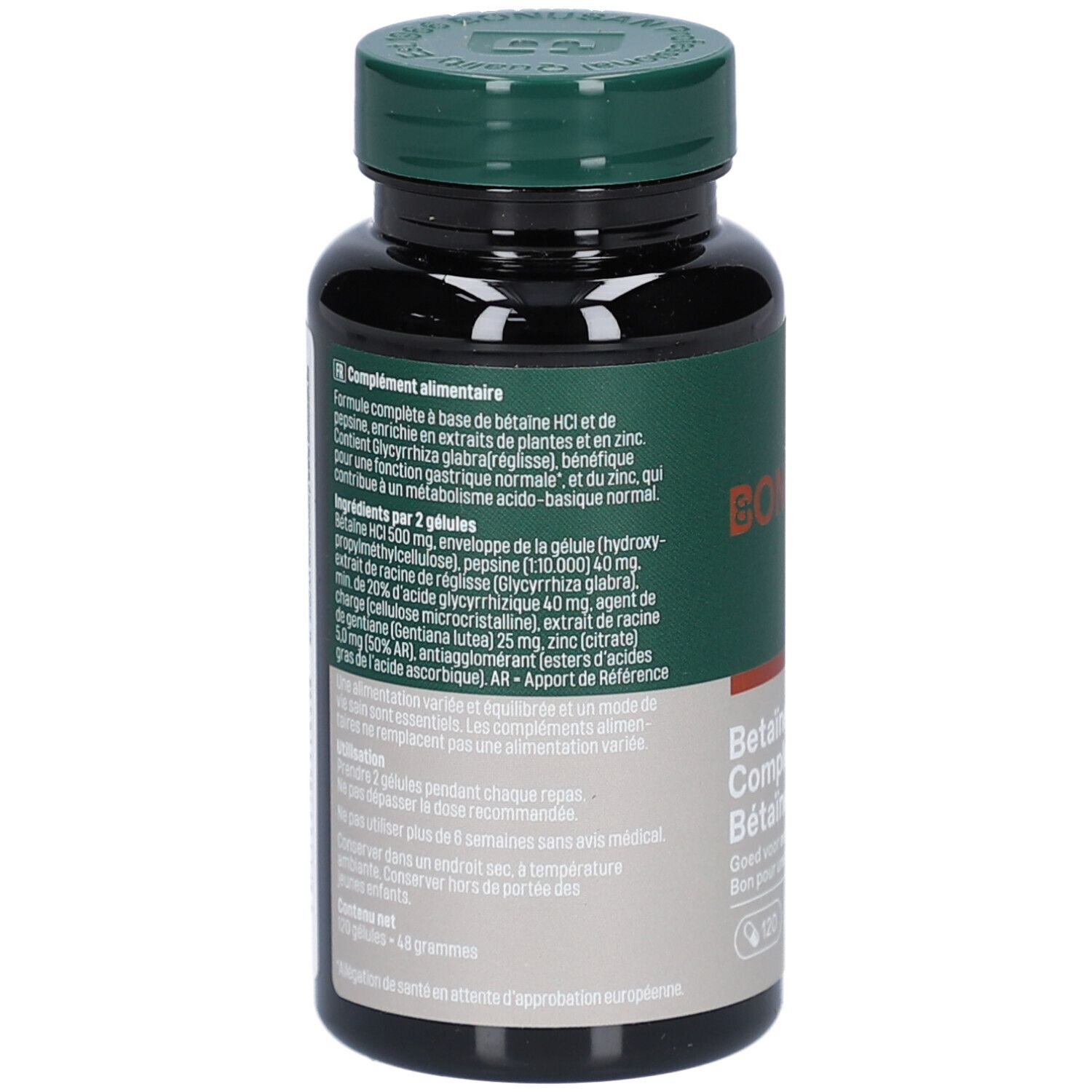 Achterkant van de fles. Etiket met productinformatie en ingrediënten. Bruine fles met groene dop.