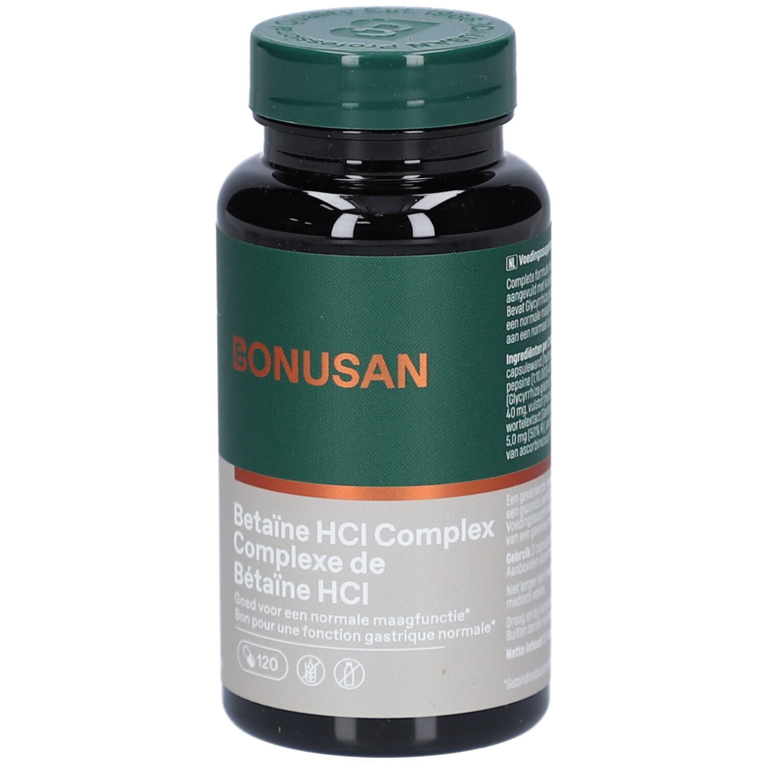 Bruine fles met groene dop. Etiket met productnaam en merk Bonusan. Bevat 120 capsules.