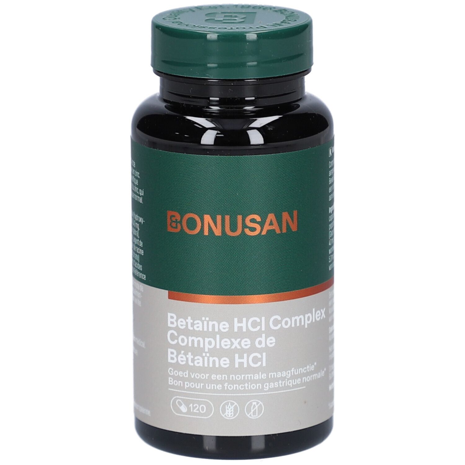 Bruine fles met groene dop. Etiket met productnaam en merk Bonusan. Bevat 120 capsules.
