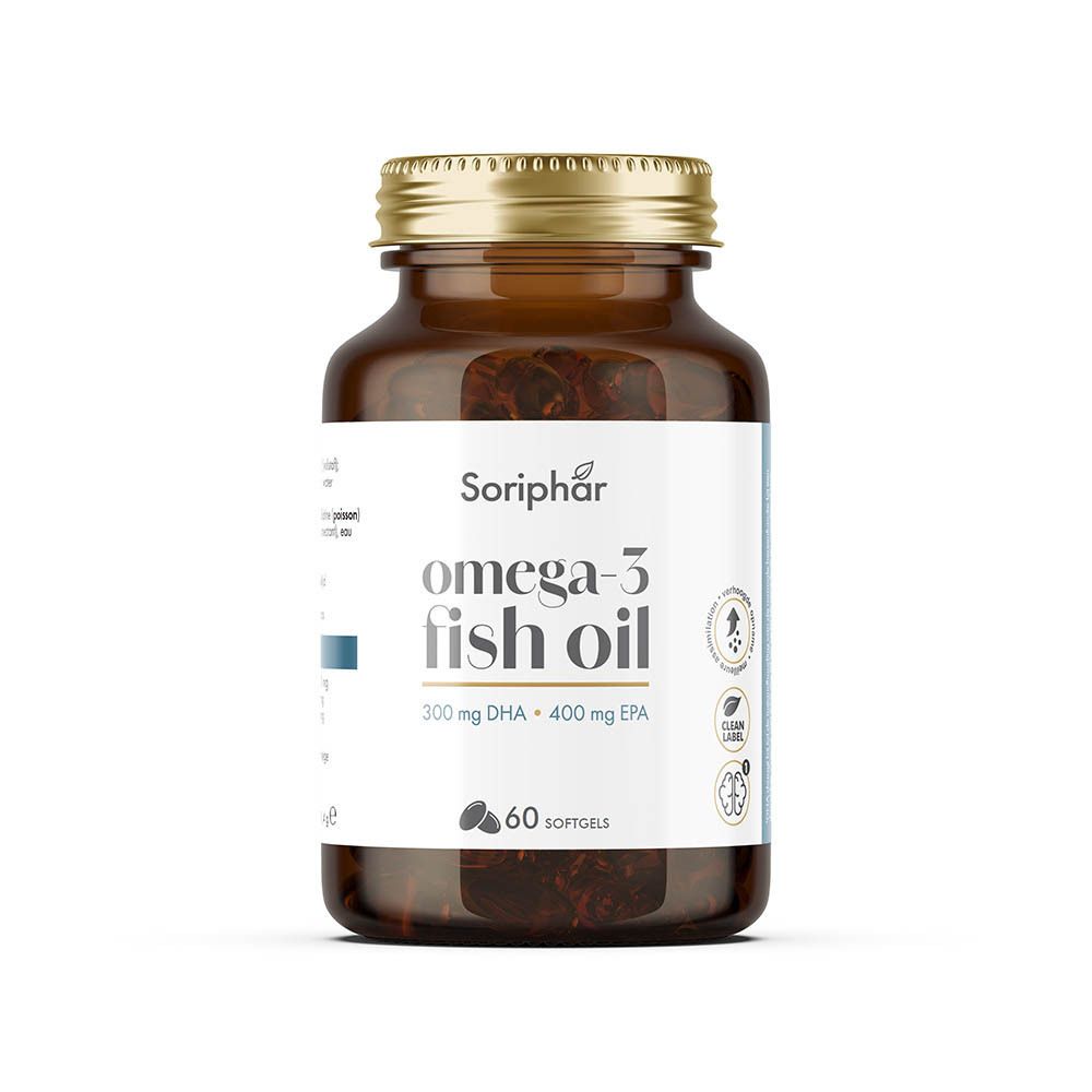 Flacon en verre brun, bouchon doré. Étiquette "Soriphar omega-3 fish oil". 60 gélules.
