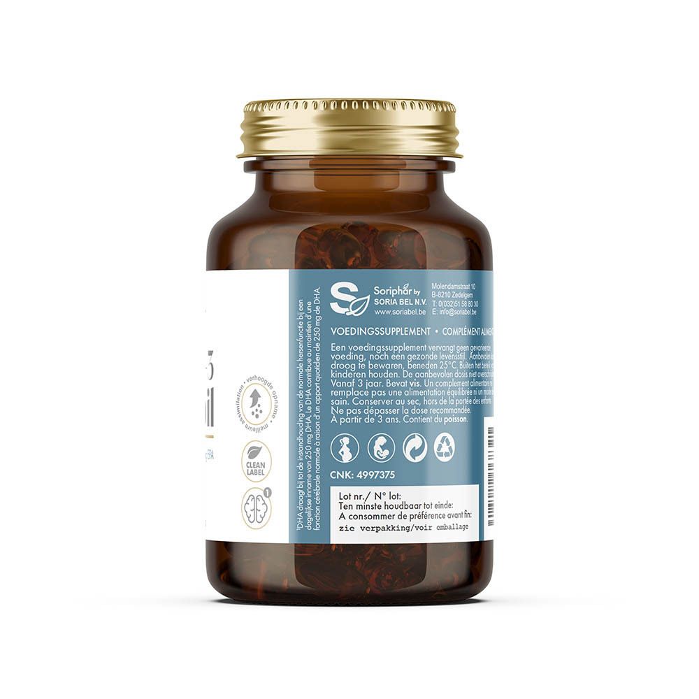 Achterkant bruine fles. Etiket met informatie. Gouden dop.