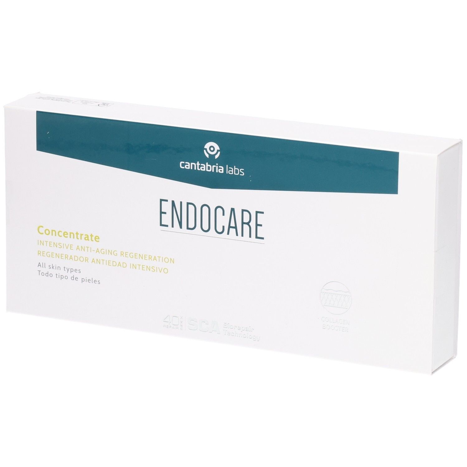 Boîte blanche avec bande verte. Inscription: Endocare, Concentrate. Logo: Cantabria Labs.