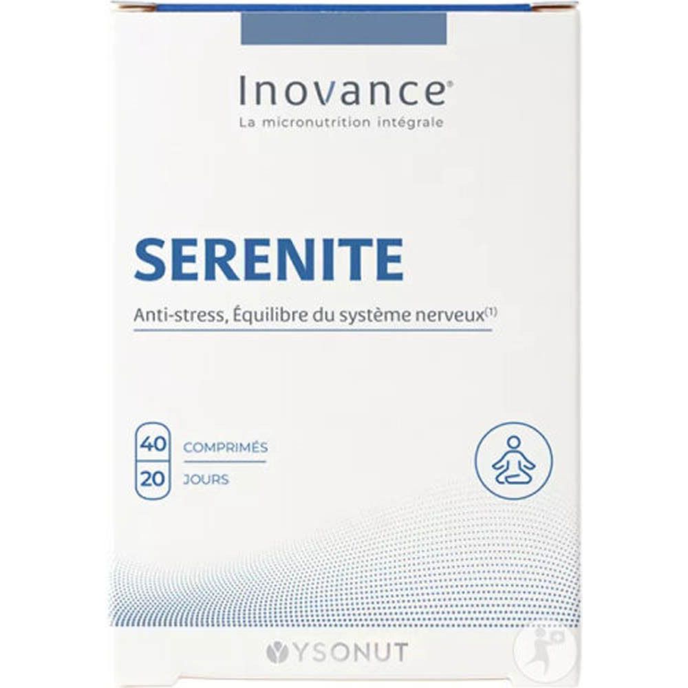 Doos Inovance Sérénité. 40 tabletten, 20 dagen. Tekst: Sérénité, Anti-stress, Équilibre du système nerveux. Logo: Persoon in lotushouding.