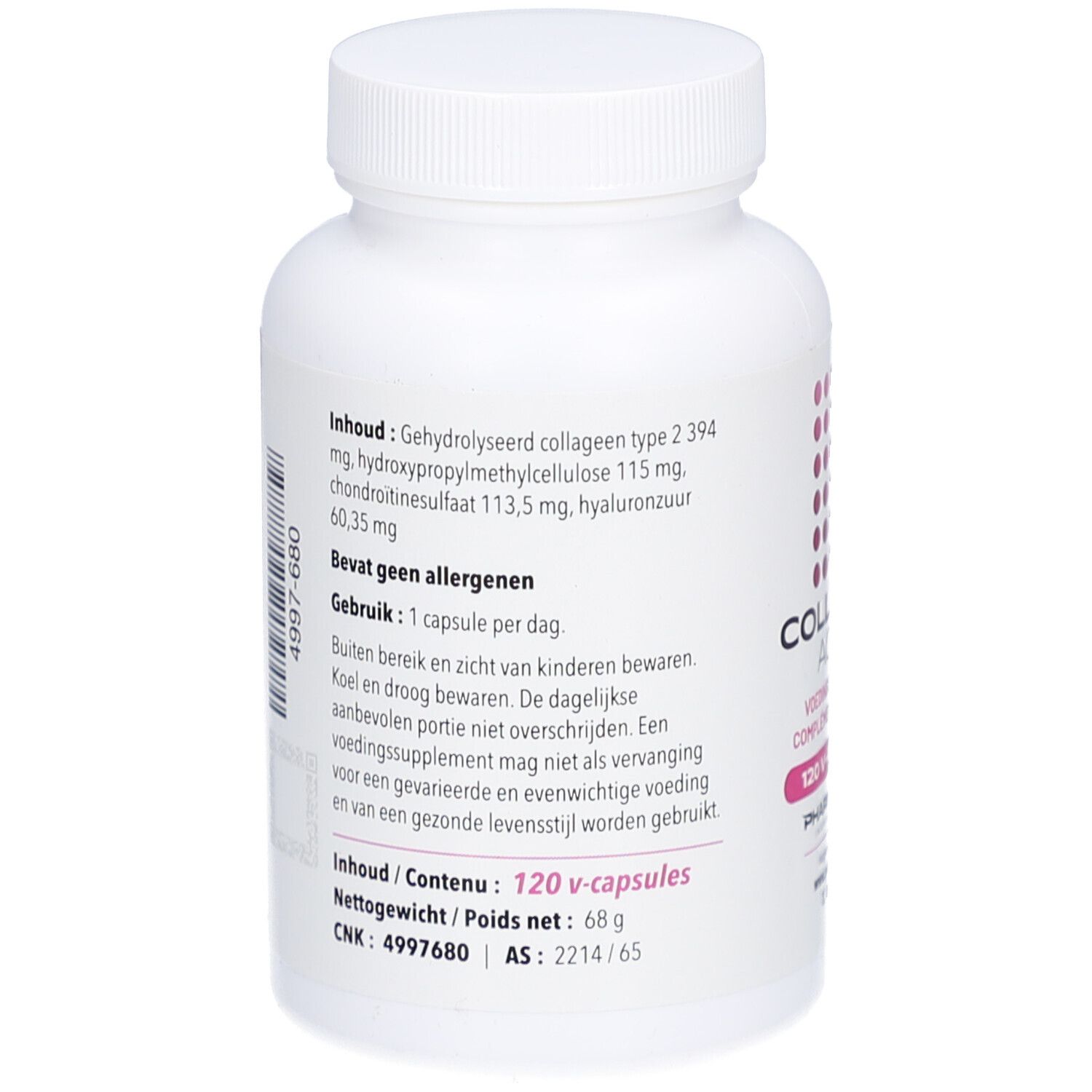 Dos du flacon blanc. Contient ingrédients et informations. Contenu: 120 V-capsules. Poids net: 68 g.