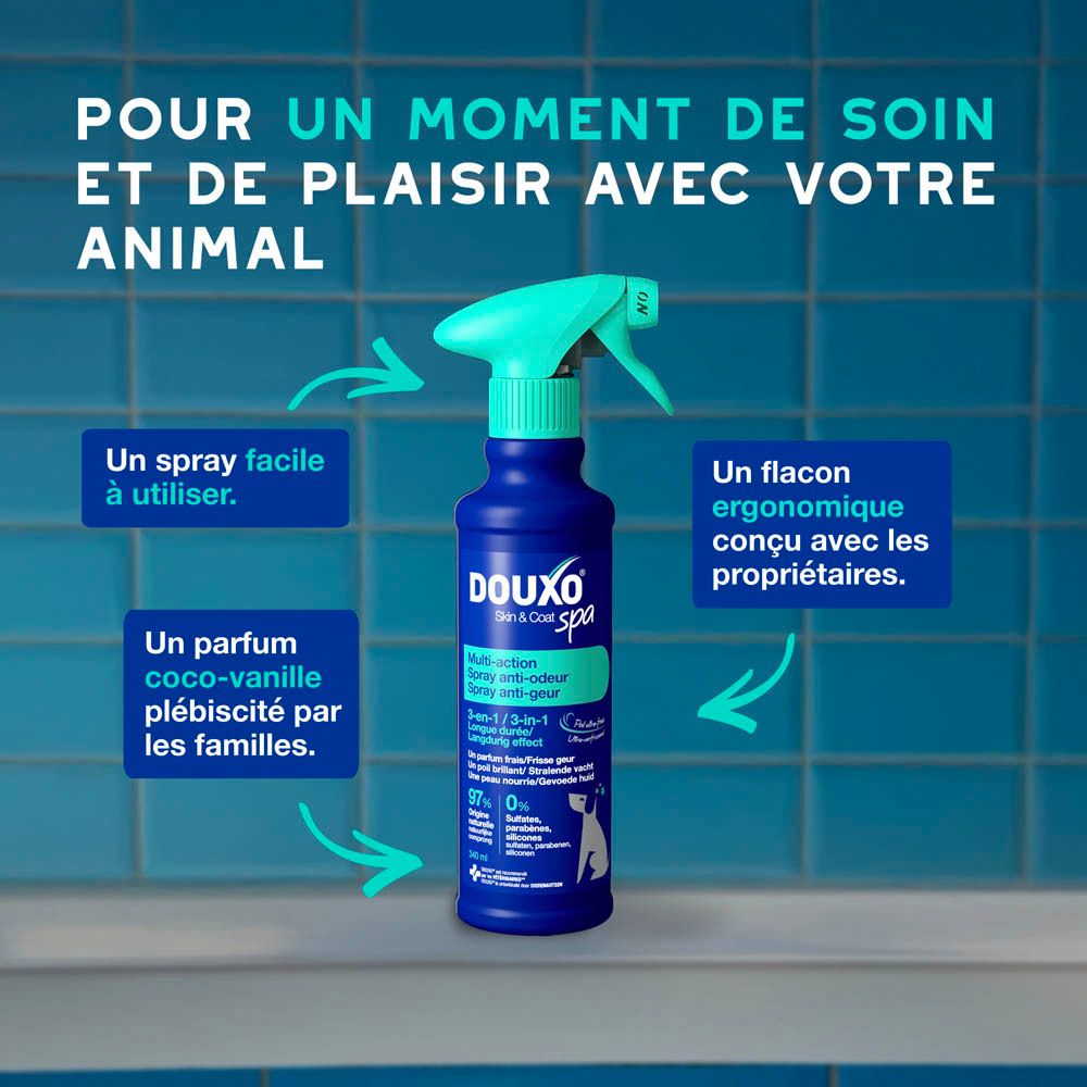Arrière de la bouteille de spray Douxo SPA, avec tête de pulvérisation.
