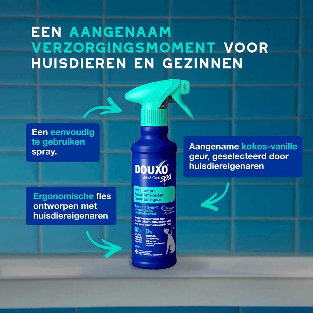 Achterkant van de Douxo SPA Spray fles, met sproeikop.