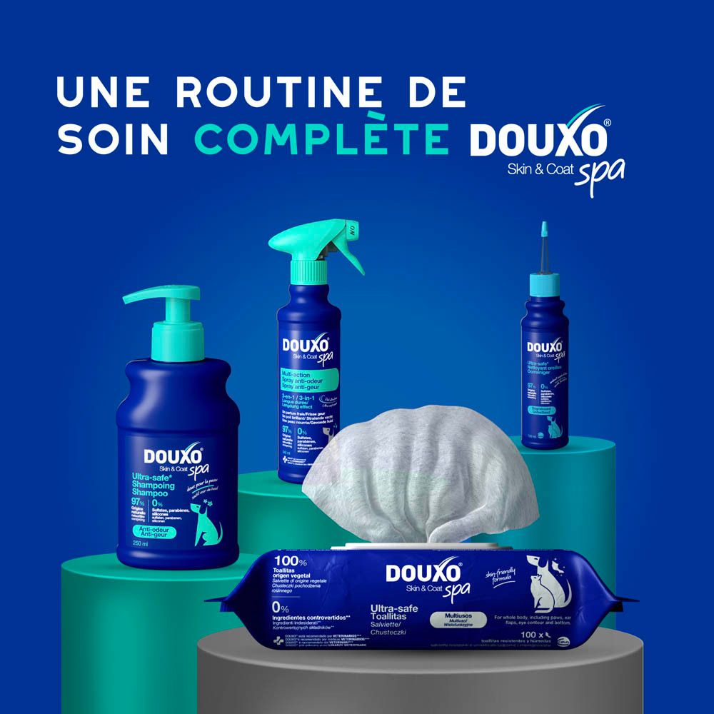 Arrière de la bouteille de spray Douxo SPA avec informations produit.