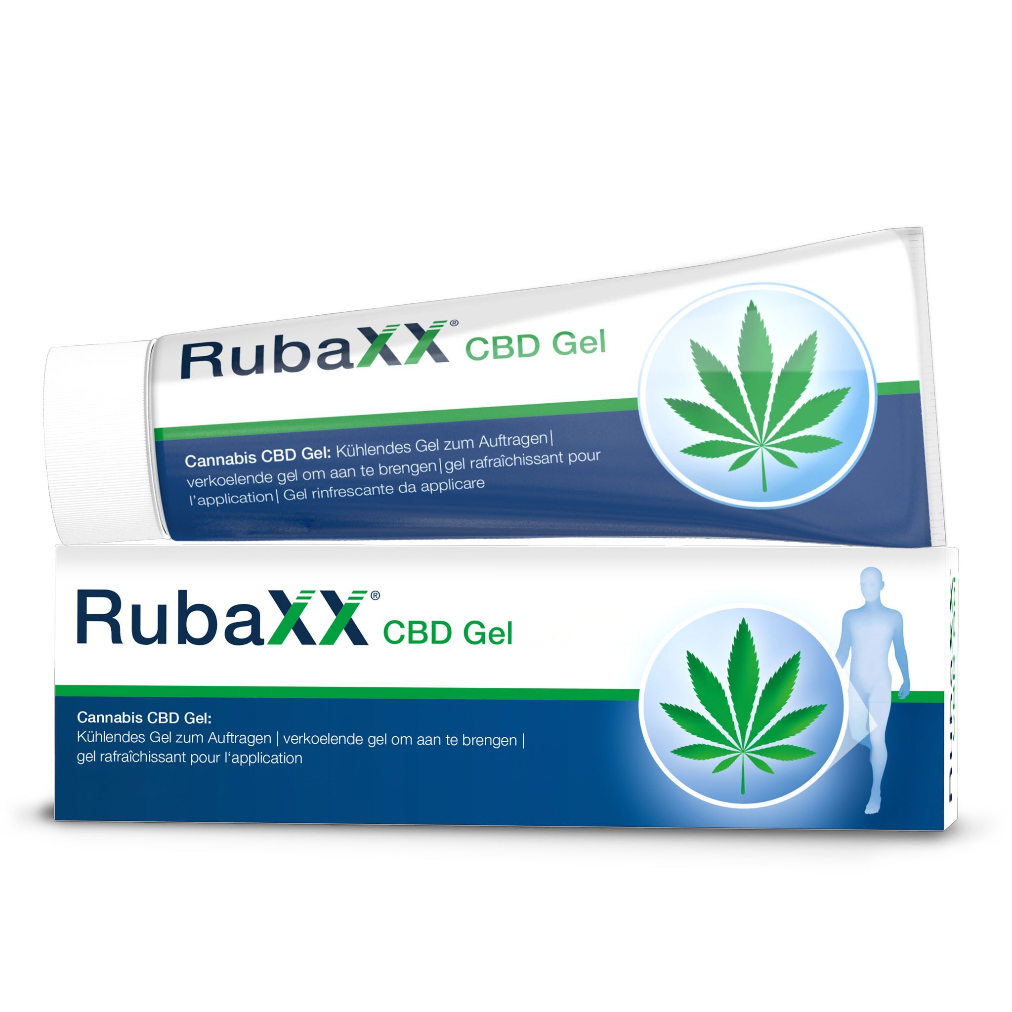 Tube et boîte. Texte: Rubaxx CBD Gel. Logo feuille de cannabis. 180 ml de gel.