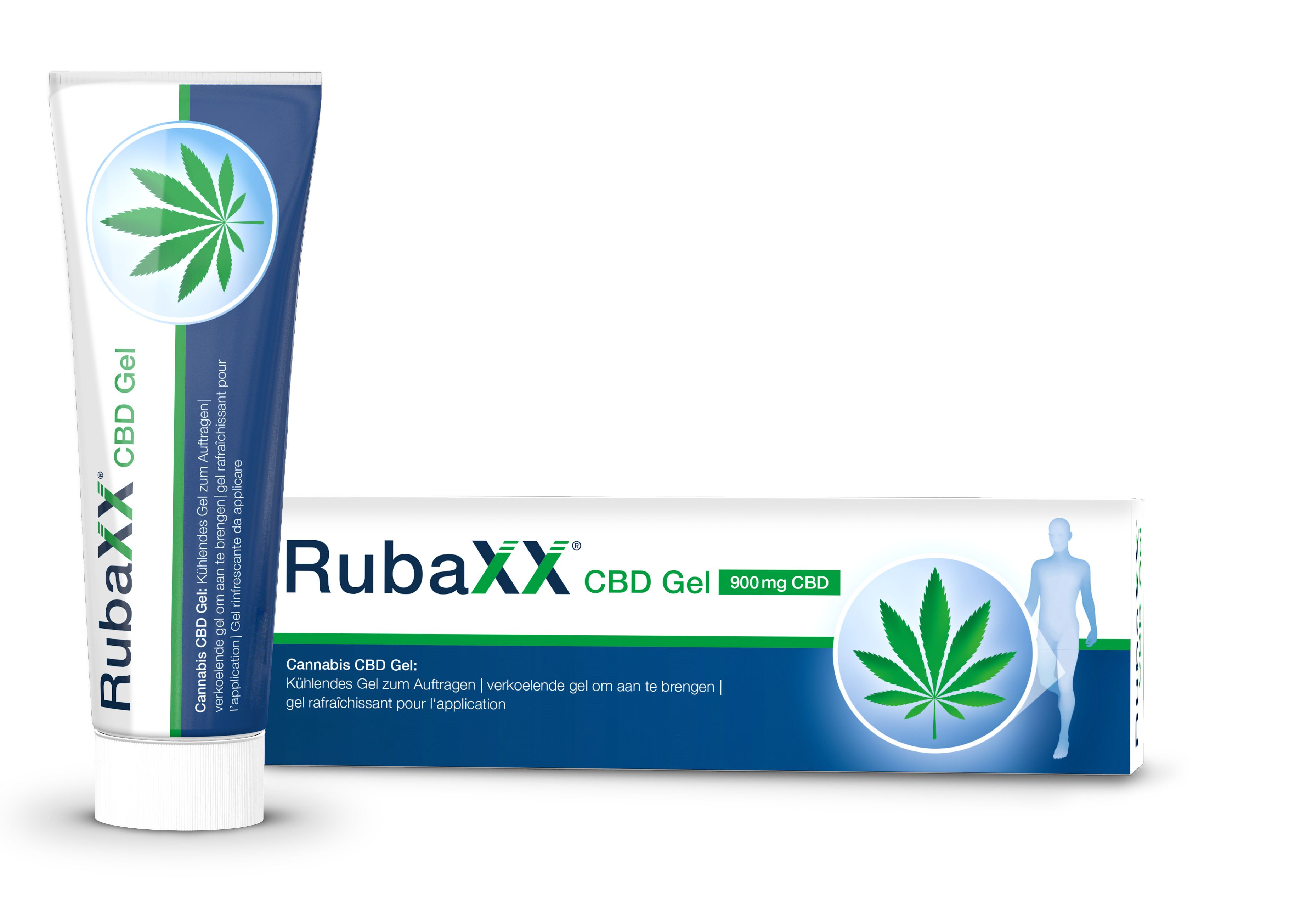 Tube en doos. Tekst: Rubaxx CBD Gel. Cannabisblad logo. 900mg CBD.