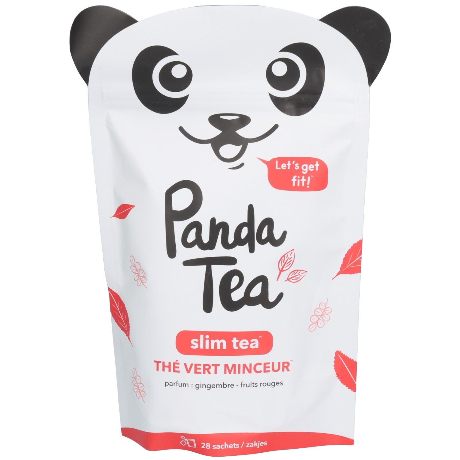 Witte Panda Tea zak. Tekst: Slim Tea, Thé Vert Minceur, smaak gember-rode vruchten. Illustratie van bladeren. 28 zakjes.
