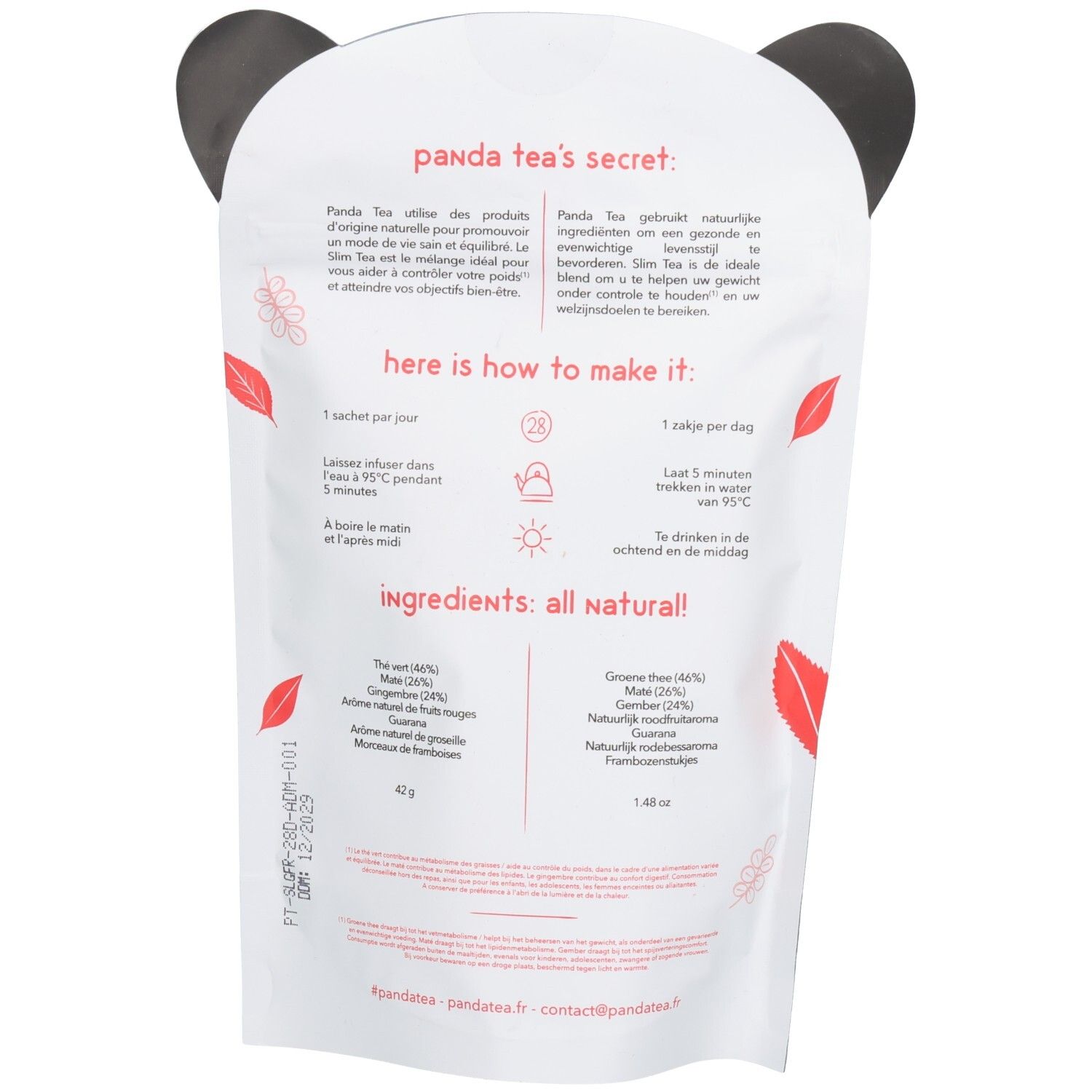 Achterkant Panda Tea zak. Tekst: Panda Tea's secret, ingrediënten, gebruiksaanwijzing. Illustraties van bladeren en symbolen.